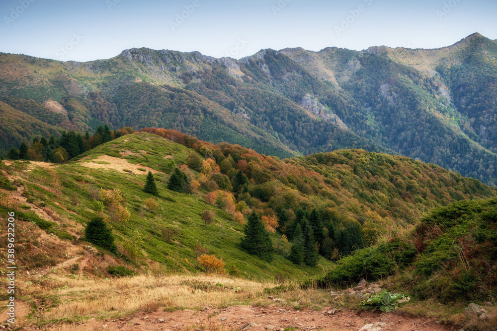 Beautiful autumn mountain view and landscapes from the path from Ribaritsa to Eho hut chalet and peaks Yumruka and Kavladan, Central Balkan, Teteven, Bulgaria
