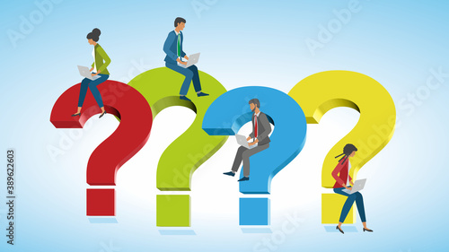 Business people on question marks. Dimension 16:9. Vector illustration. EPS10.