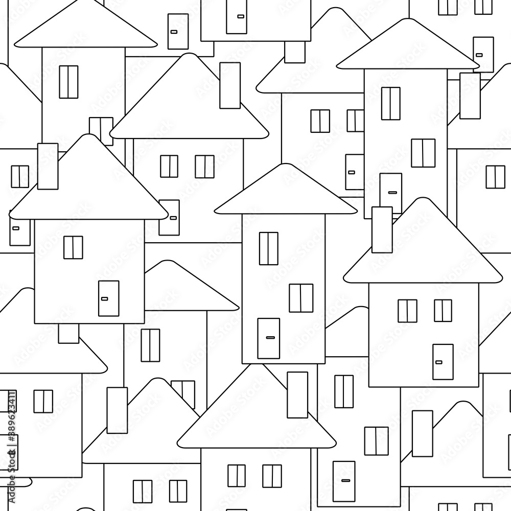 Black and white set house, city, coloring, children seamless pattern, cartoon background, postcard, wallpaper, 