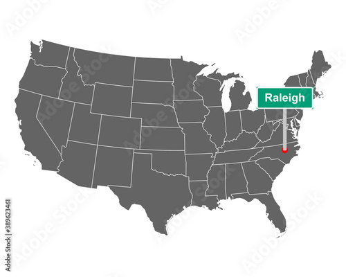 Raleigh Ortsschild und Karte der USA