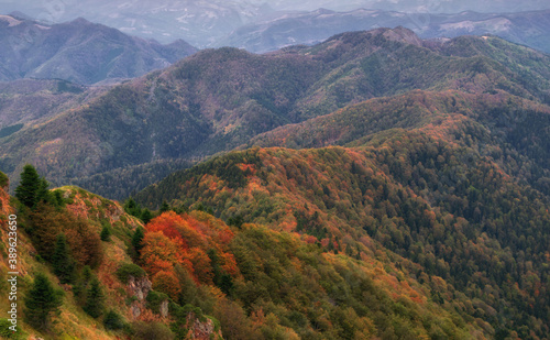 Beautiful autumn mountain view and landscapes from the path from Ribaritsa to Eho hut chalet and peaks Yumruka and Kavladan, Central Balkan, Teteven, Bulgaria