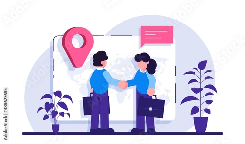 Expat work concept. Human resources agency for migrants. Effective migrant workers, expatriate programme, outside country employment. Modern flat illustration.
