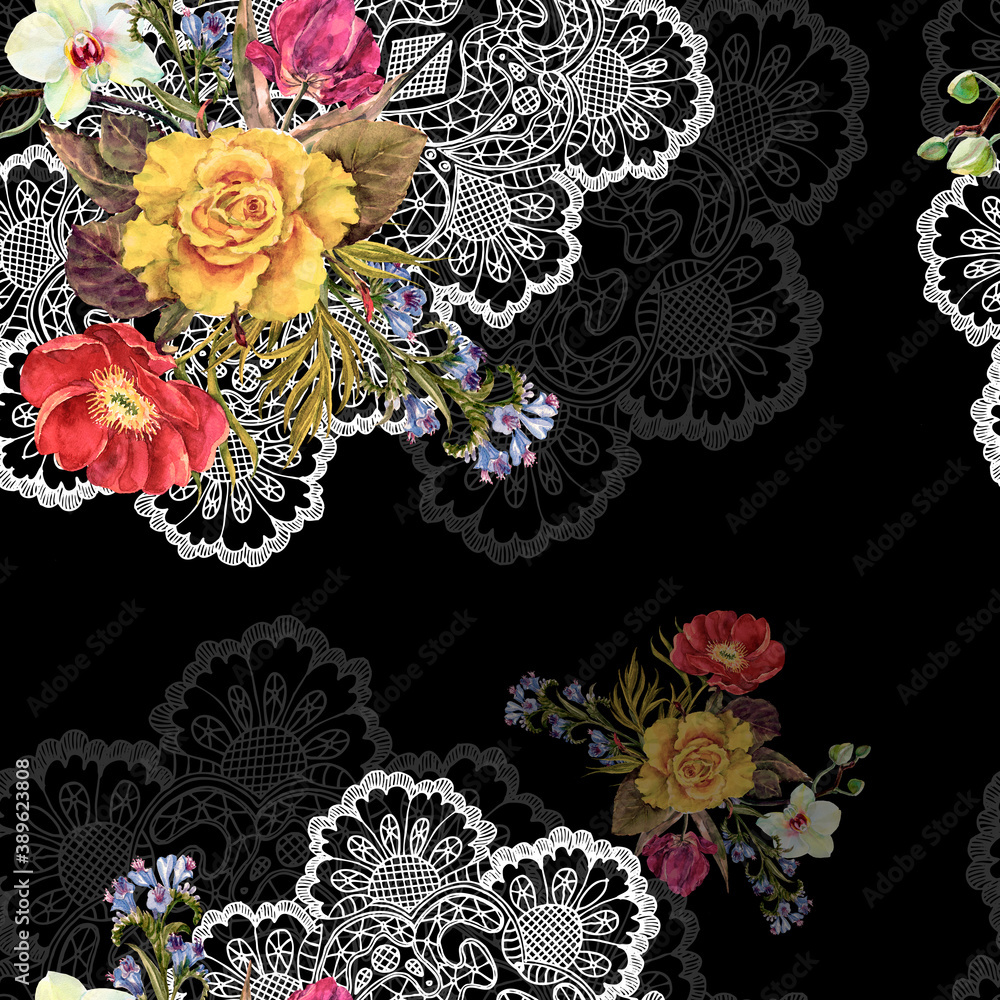 custom made wallpaper toronto digitalWhite  openwork with watercolor bouquet different garden flowers  on black background. Seamless pattern for decor.