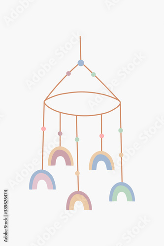 Scandinavian hanging baby toy, mobile for crib new born. Hand drawn vector element for nursery decoration, baby shower, birthday, children's party, poster, invitation, postcard, kids clothes