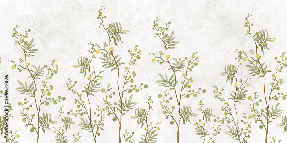 Fototapeta Seamless pattern of decorative plants with yellow flowers on a light background. Fresco, mural Wallpaper for interior printing.