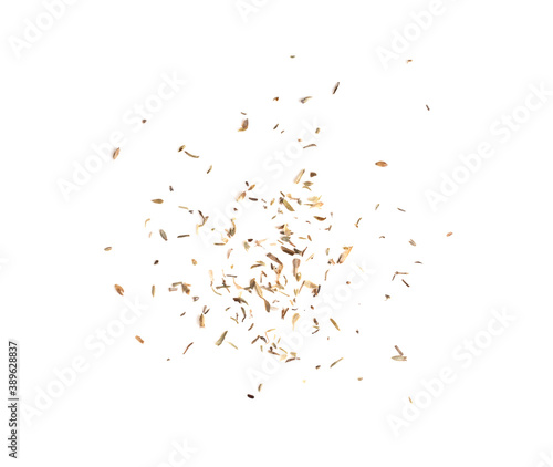 dry thyme leaves on white background, top view