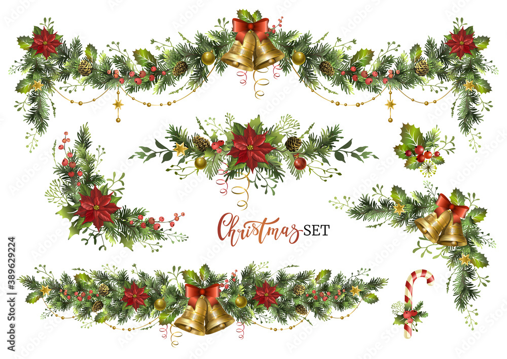 Christmas decor elements set for your design. Garland festive set. - obrazy, fototapety, plakaty 