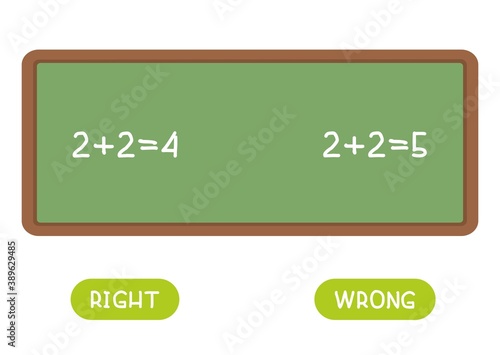 RIGHT and WRONG antonyms word card vector template. Flashcard for english language learning. Opposites concept. Correctly and incorrectly solved tasks on the chalkboard.