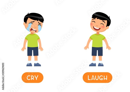 CRY and LAUGH antonyms flashcard vector template. Opposites concept. Word card for english language learning with flat characters. Asian boy sad and girl happy illustration with typography