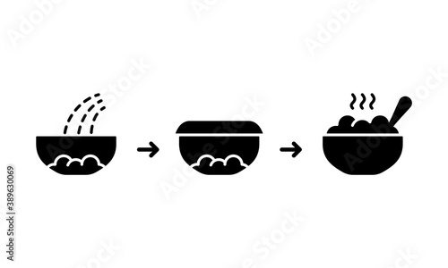 Preparation of porridge, oatmeal, puree from dry flakes. Silhouette icon for food packaging. Pour boiling water, let it brew, add ingredients for taste. Three steps instruction. Black outline vector