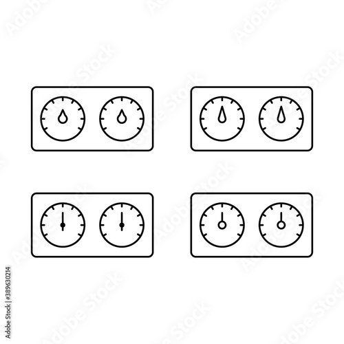 Hygrometer with two dials, icons set. Linear pictogram of bath thermohygrometer. Black simple illustration of special device for measuring air humidity and temperature. Contour isolated vector