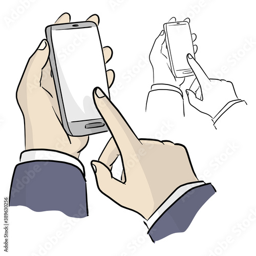 close-up businessman holding device and touching screen vector illustration sketch doodle hand drawn with black lines isolated on white background