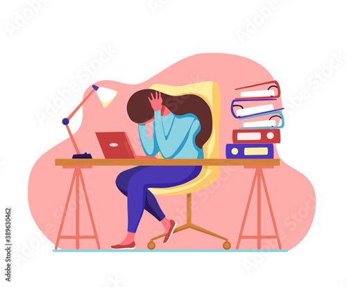 Professional burnout syndrome exhausted man tired sitting at her workplace in office holding her head