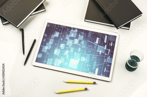 Top view of modern digital tablet display with abstract creative analytics data spreadsheet, analytics and analysis concept. 3D Rendering