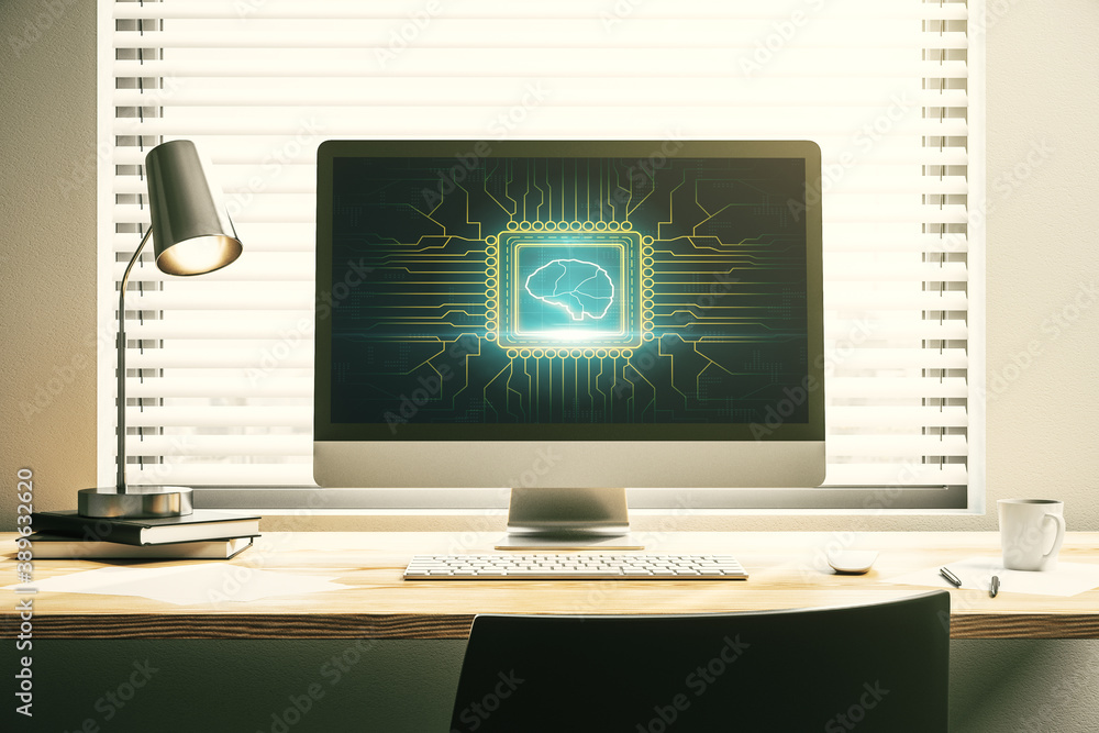 Modern computer display with creative human brain microcircuit. Future technology and AI concept. 3D Rendering Modern computer display with creative human brain microcircuit. Future technology and AI concept. 3D Rendering