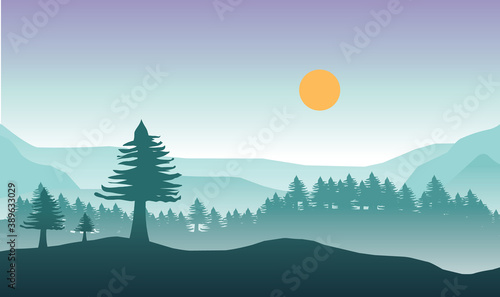 illustration of mountains and cypress trees flat design