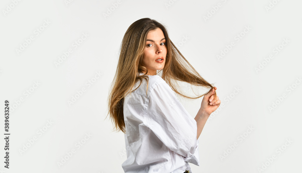 confident businesswoman. woman with sensual look. fashion model looking elegant. female wear office shirt. beauty and fashion. girl with natural makeup. sexy woman isolated on white confident businesswoman. woman with sensual look. fashion model looking elegant. female wear office shirt. beauty and fashion. girl with natural makeup. sexy woman isolated on white