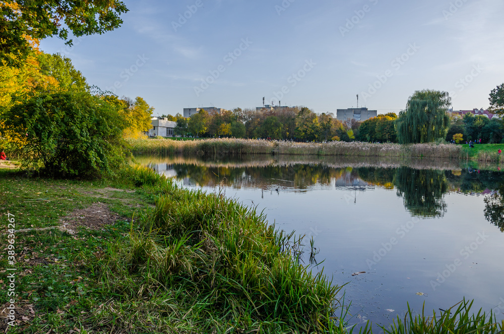 Landscape with autumn park in the sunny day. Yellow and green trees are displayed with reflection on the lake. Landscape with autumn park in the sunny day. Yellow and green trees are displayed with reflection on the lake.
