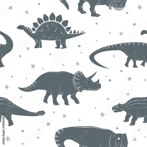 Winter seamless vector pattern with cute young dinosaurs and hand drawn doodle snowflakes