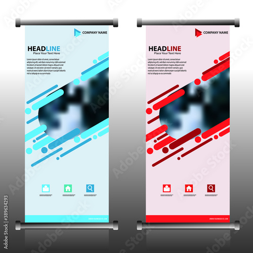 Blue and red roll up business banner design vertical template vector, cover presentation abstract geometric background, modern publication display and flag-banner, layout in rectangle