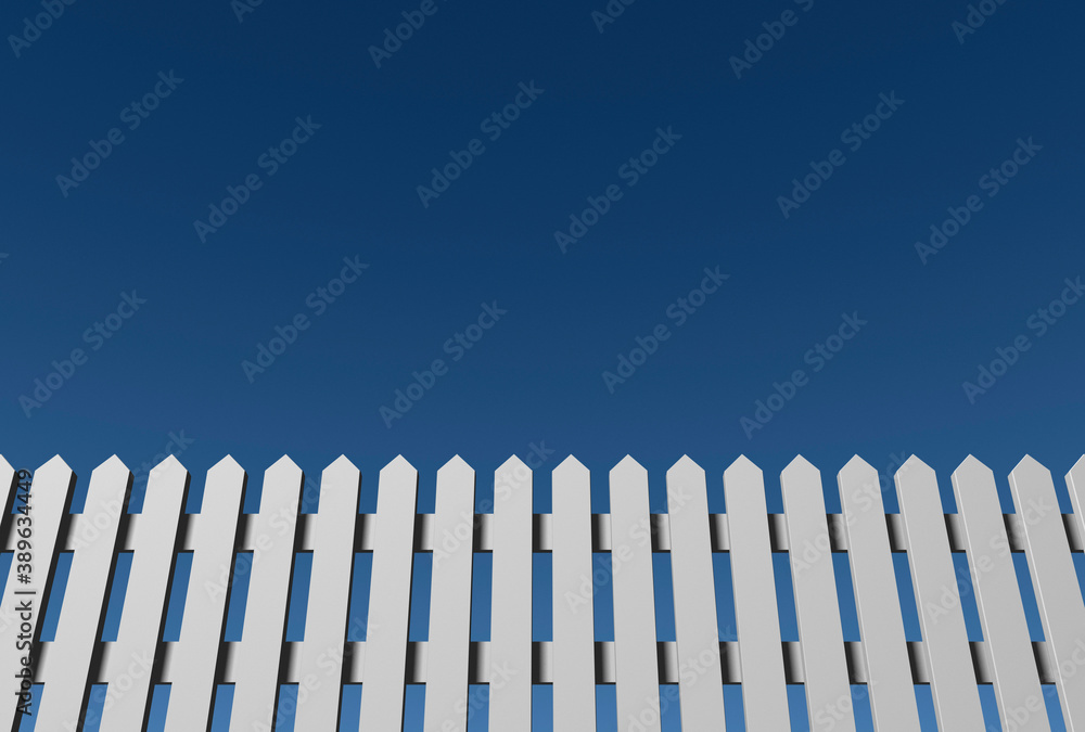 Naklejka premium White painted wooden fence against a clear blue sky. 3D illustration.