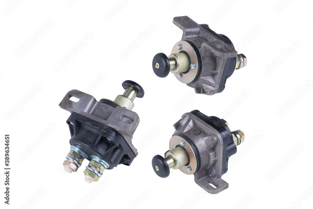 a set of three new car battery disconnection Switches isolated on a white background. a set of three new car battery disconnection Switches isolated on a white background.