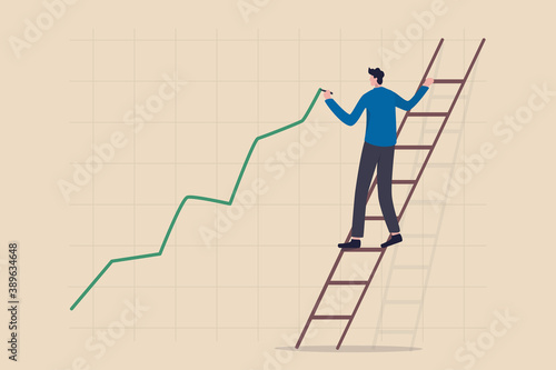 Stock price growth, asset price soaring or rising up, bullish stock market or economic recovery concept, confident businessman trader climbing up ladder to draw green rising up investment line graph.