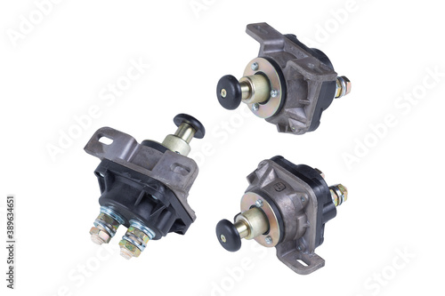 a set of three new car battery disconnection Switches isolated on a white background.