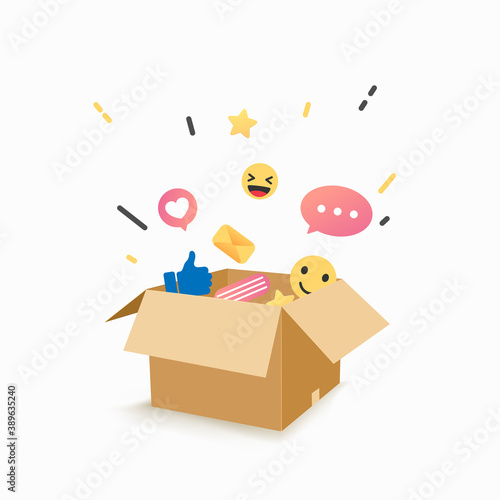 Emoji character with different social network symbols in the box. Vector illustration