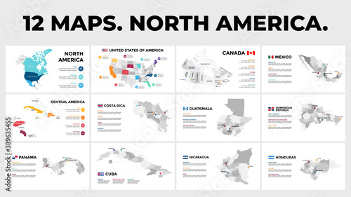 North and Central America vector map infographics. USA, Canada, Mexico. 12 slide presentation templates. World transportation geography data. Global business marketing concept. 