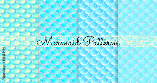 Mermaid Scales. Fish Squama. Set of Blue Seamless Patterns. Holographic Background. Scale Print.