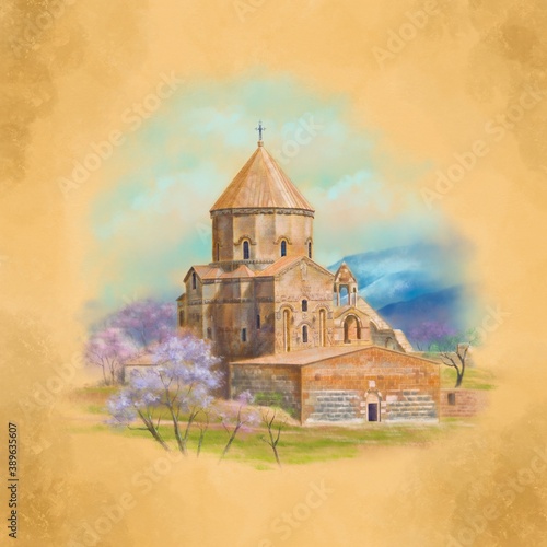 Ancient  Akdamar Church (the Church of the Holy Cross) on Lake Van, Turkey. Digital painting on old Background.