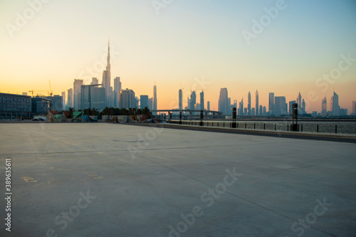 Photography View of a Dubai city skyline during sunset hour. UAE.