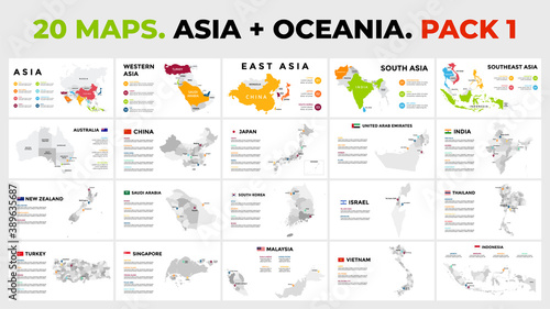 Asia plus Oceania. 20 vector maps. Infographic template for business presentation. Includes Australia, India, New Zealand, Japan, China, UAE etc. All countries divided into regions and with flags.