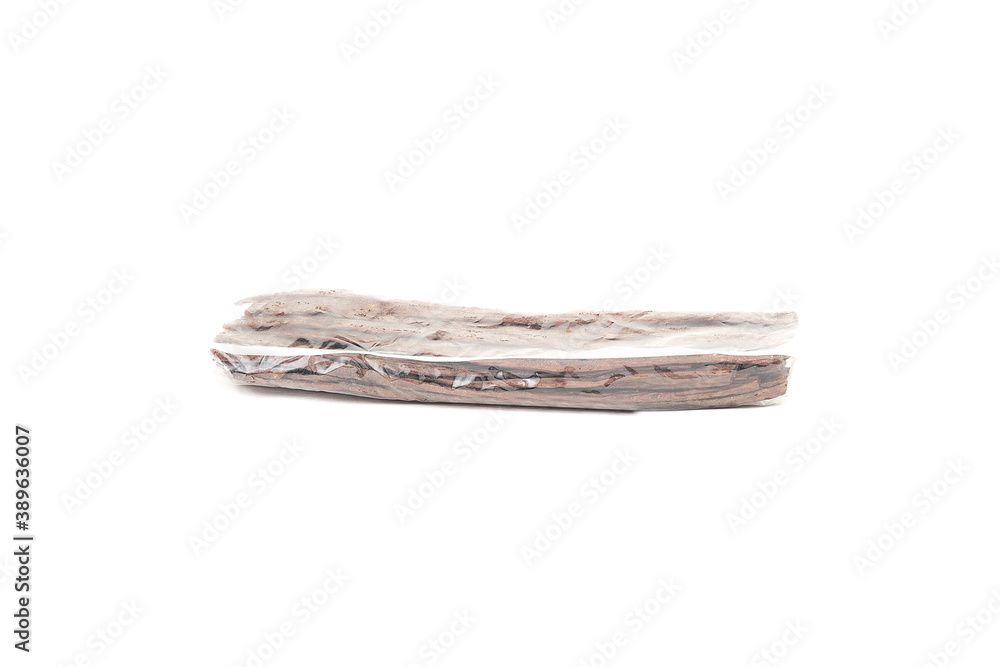 Packaging Dried beef meat sliced on stick, beer snack isolated on white background Packaging Dried beef meat sliced on stick, beer snack isolated on white background