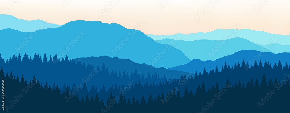 Naklejka Vector Illustration Of Beautiful Dark Blue Mountain Landscape With Fog And Forest. Sunrise And Sunset In Mountains.