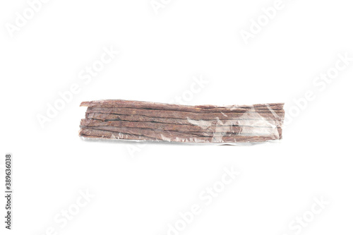 Packaging Dried beef meat sliced on stick, beer snack isolated on white background