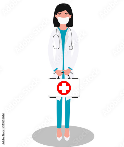 Doctor woman stands in full growth in a mask and holds a first-aid kit in her hands on white background. Vector illustration