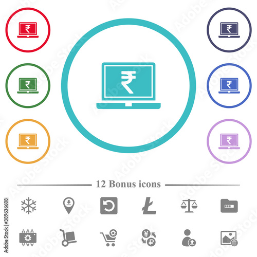 Laptop with Rupee sign flat color icons in circle shape outlines
