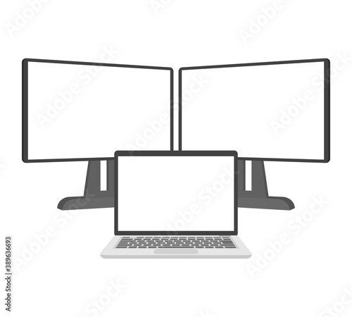 ノートパソコンとモニターのデュアルディスプレイ、3画面のマルチディスプレイ