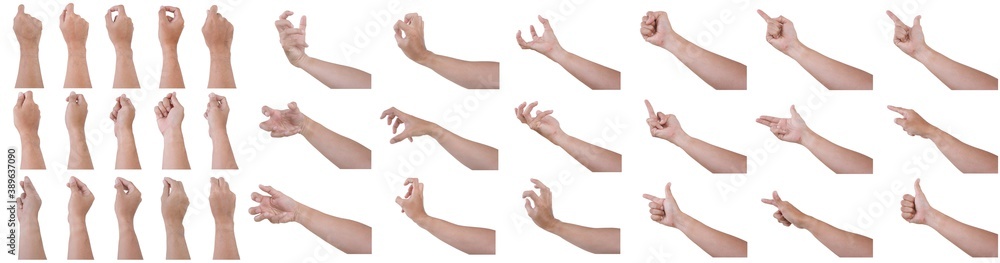 Group of Male asian hands gestures isolated over the white background. Many Action.