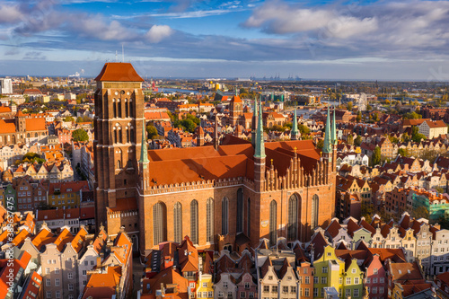 Aerial view of the old town of St. Marys Basilica in Gdansk at sunrise, Poland