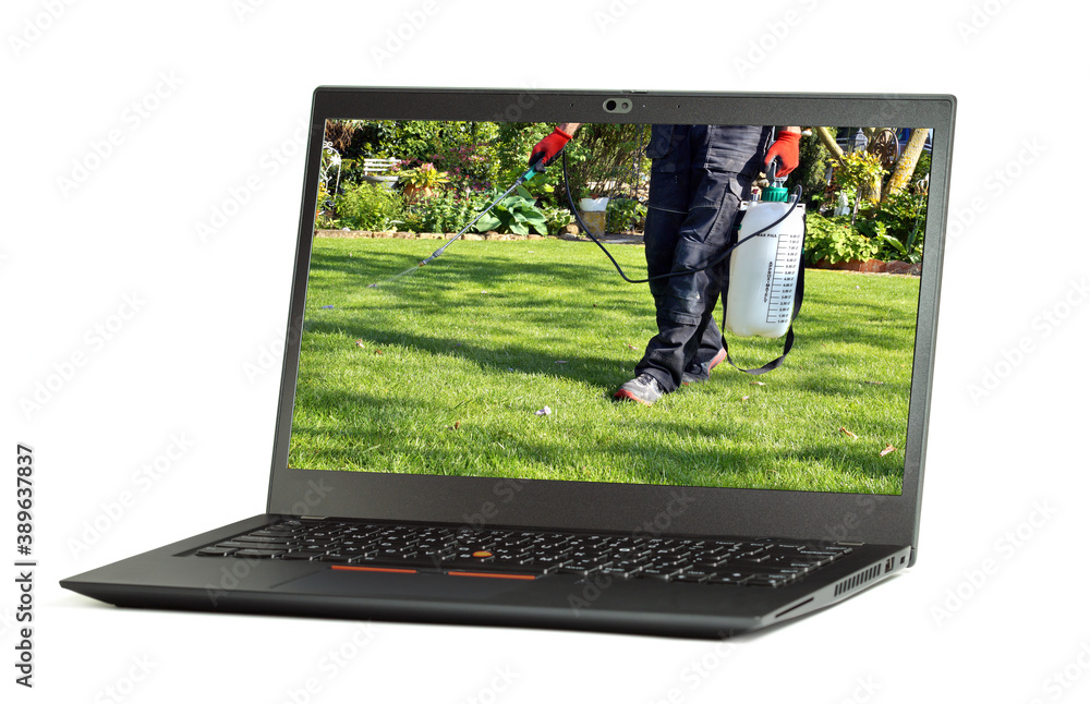 Computer Growing Weeds Laptop screen, spraying pesticide with portable sprayer to eradicate ...
