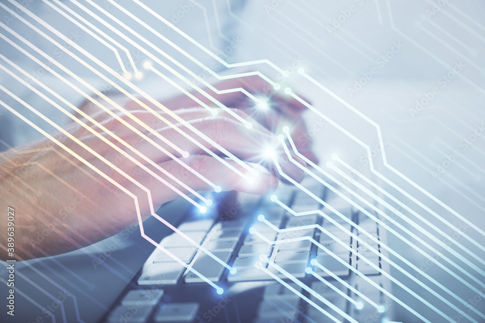 Naklejka premium Multi exposure of tech drawings with man working on computer background. Concept of innovation.