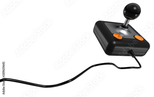 Retro joystick with two orange buttons isolated on white background. 3D illustration.