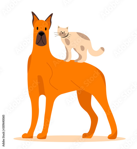 Dog and cat icon vector isolated on the white background in flat style. Brown doggy with brown ears and kitten with spots are shown. Veterinary help, homeless animals
