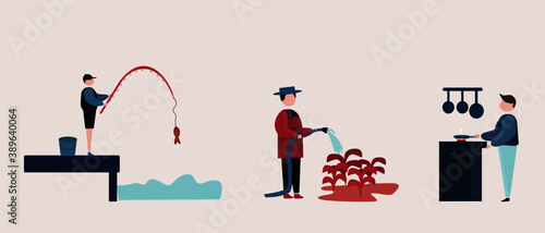 set of simple illustrations of men doing hobbies, watering the plants, fishing, cooking