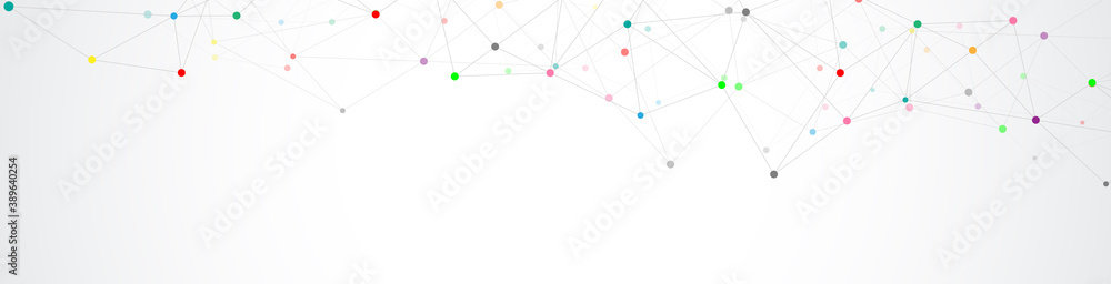 Website header or banner design with abstract geometric background and connecting dots and lines. Global network connection. Digital technology with plexus background and space for your text.