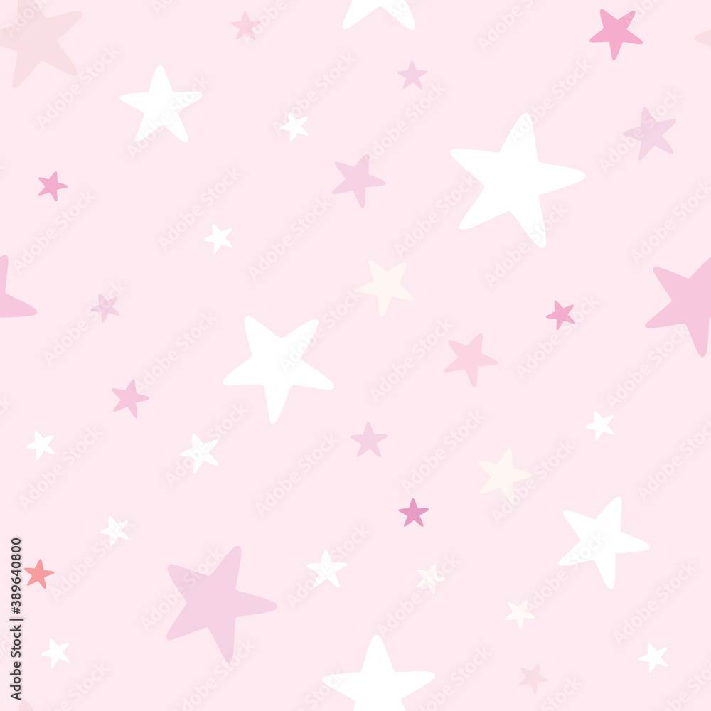 Cute baby girl nursery seamless pattern with white stars on pink background. Perfect for fabric, textile, nursery decoration, baby shower. Surface pattern design. Cute baby girl nursery seamless pattern with white stars on pink background. Perfect for fabric, textile, nursery decoration, baby shower. Surface pattern design.