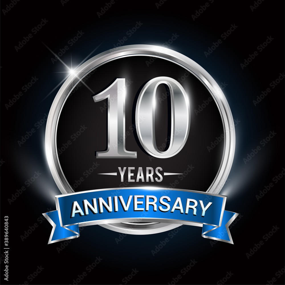 custom made wallpaper toronto digitalCelebrating 10th years anniversary logo with silver ring and blue ribbon.